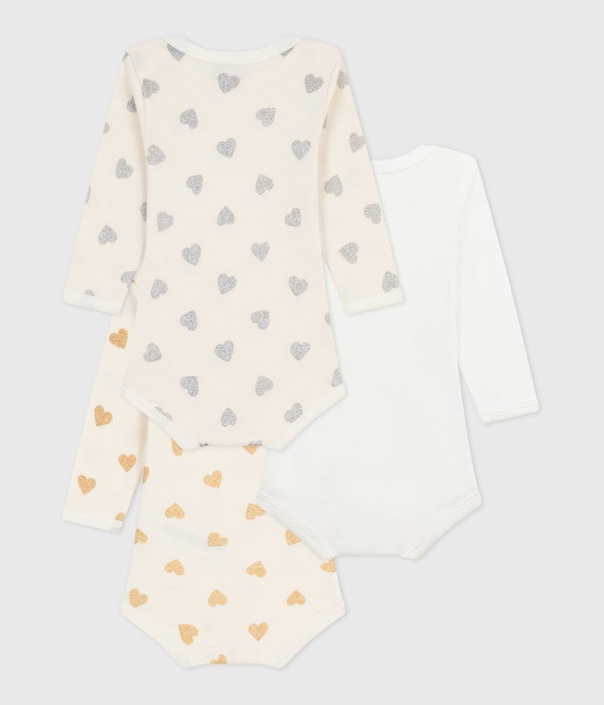 PACK OF BABIES' LONG-SLEEVED SEQUINNED HEART-PRINT COTTON BODIES