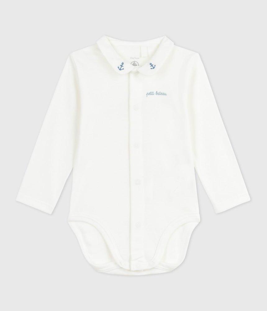 BABIES' BODY WITH AN EMBROIDERED COLLAR AND A MESSAGE ON THE CHEST