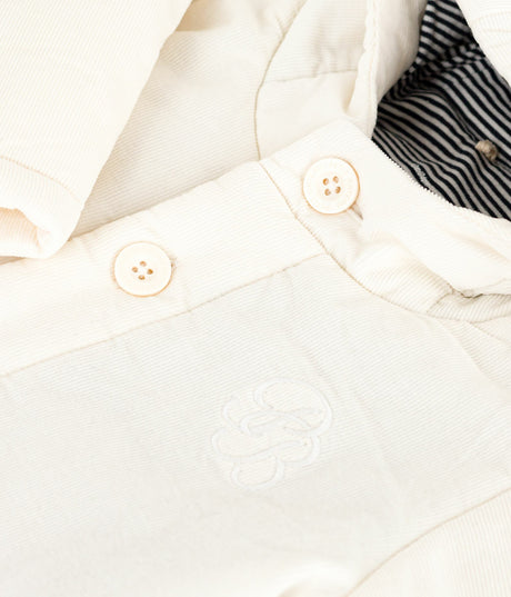 BABIES PADDED JACJET IN EMBROIDERED VELOUR WITH A PINSTRIPED LINING