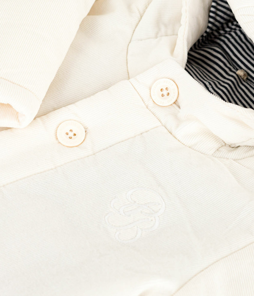 BABIES PADDED JACJET IN EMBROIDERED VELOUR WITH A PINSTRIPED LINING