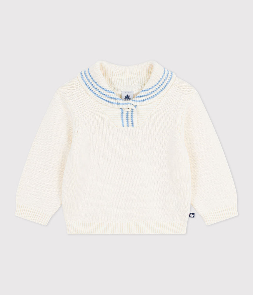 BABIES' STRIPY COTTON JUMPER WITH A SHAWL COLLAR