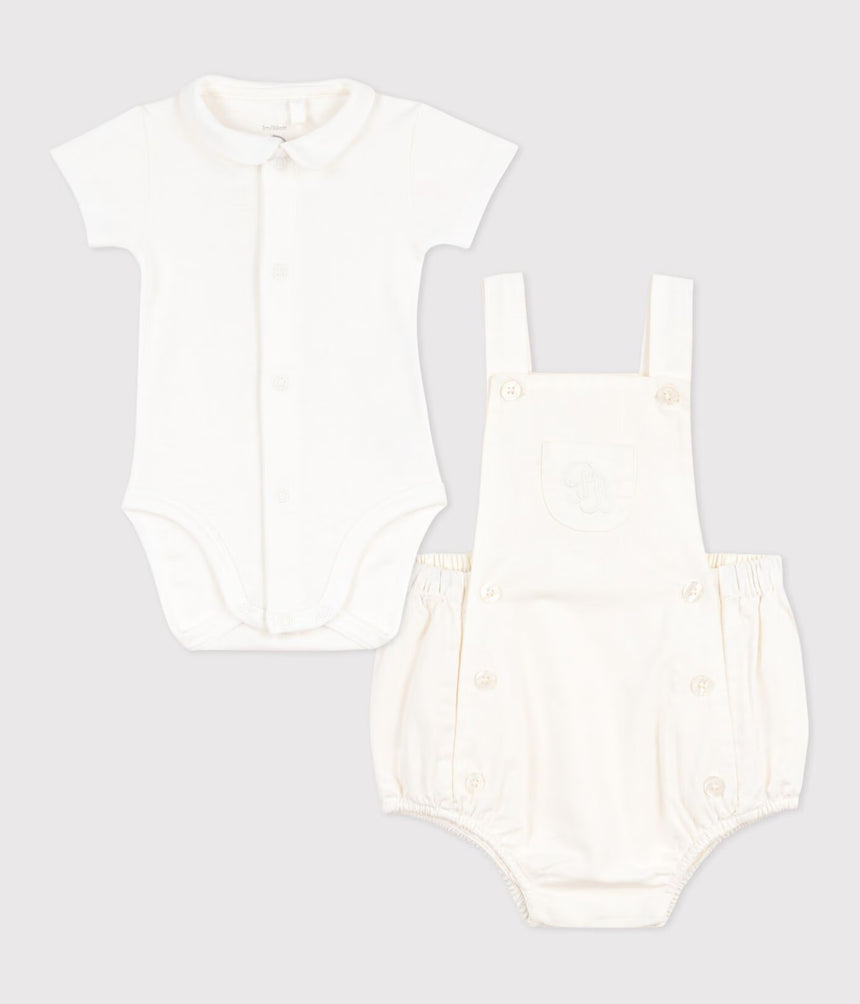 BABIES' TWO-PIECE SET IN COTTON/LINEN WITH EMBROIDERED DETAILS
