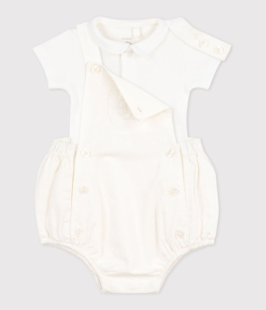 BABIES' TWO-PIECE SET IN COTTON/LINEN WITH EMBROIDERED DETAILS