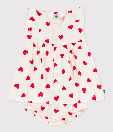 BABIES' COTTON BABY DRESS WITH BLOOMERS, PRINTED WITH HEARTS