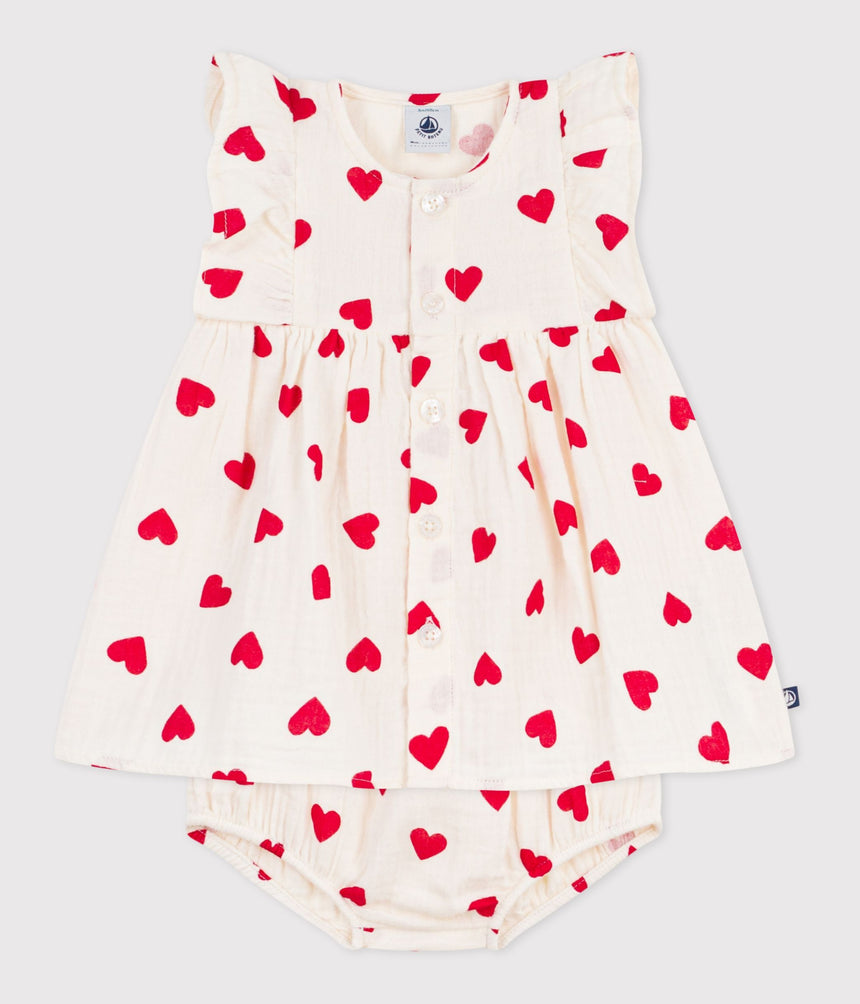 BABIES' COTTON BABY DRESS WITH BLOOMERS, PRINTED WITH HEARTS