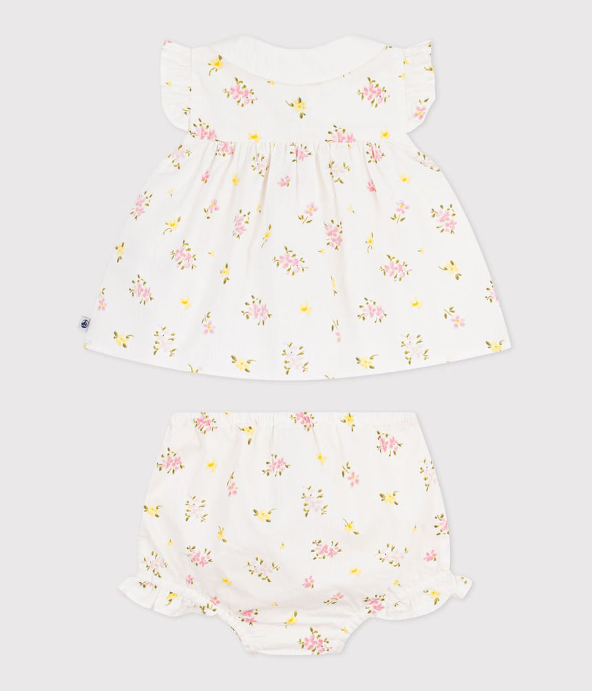 BABIES' 2-PIECE COTTON OUTFIT, COMPRISING BLOUSE AND BLOOMERS WITH A FLORAL PRINT