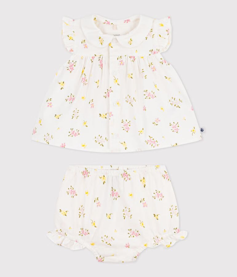 BABIES' 2-PIECE COTTON OUTFIT, COMPRISING BLOUSE AND BLOOMERS WITH A FLORAL PRINT