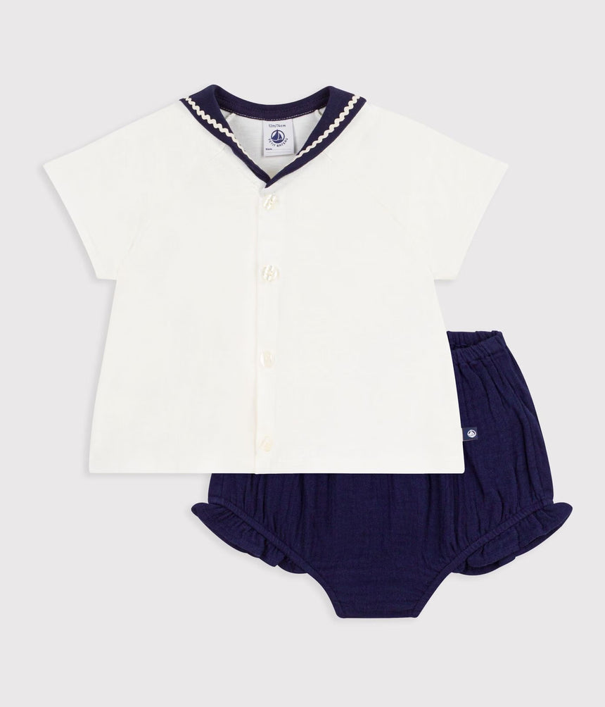 BABIES' 2-PIECE COTTON OUTFIT, THE T-SHIRT TOP HAS A SAILOR COLLAR