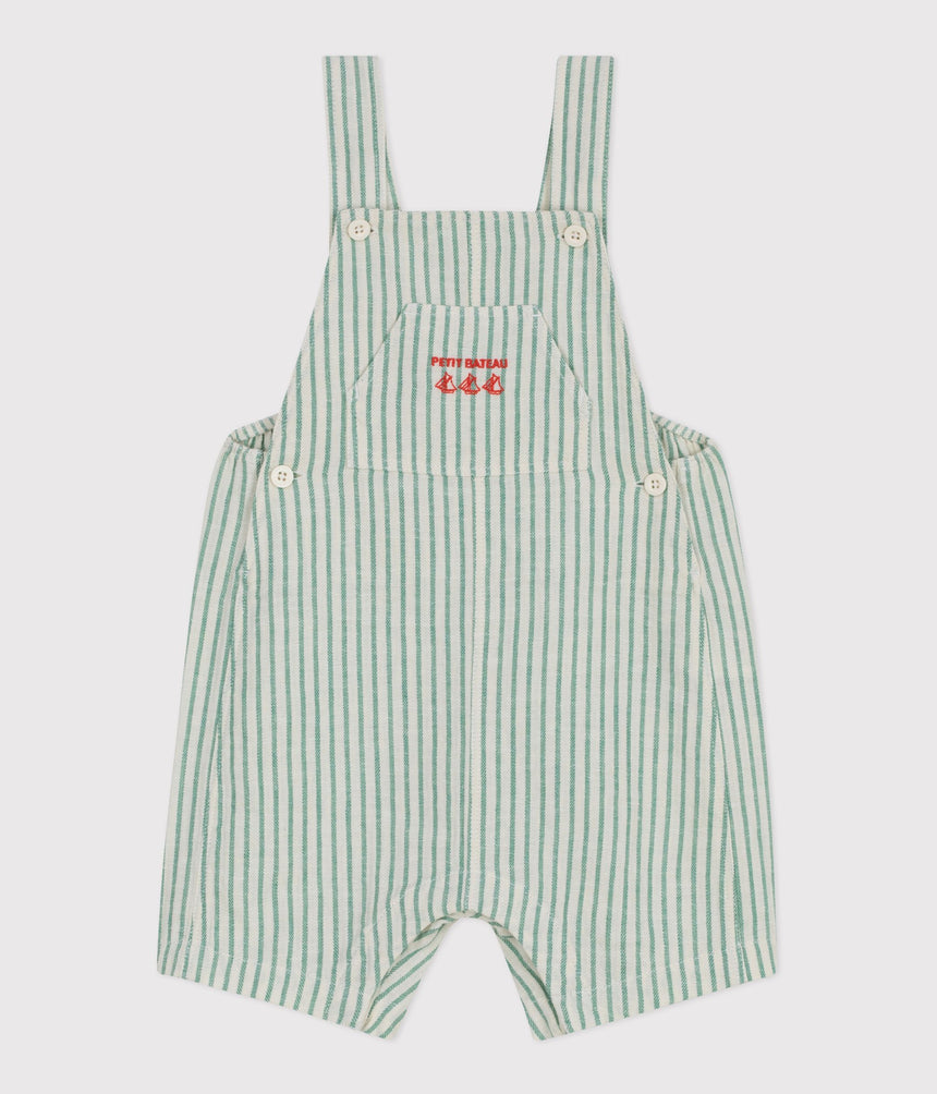BABIES' SHORT-LEGGED STRIPY COTTON/LINEN DUNGAREES