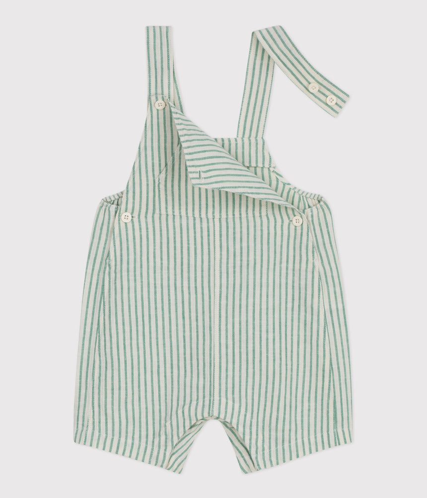 BABIES' SHORT-LEGGED STRIPY COTTON/LINEN DUNGAREES