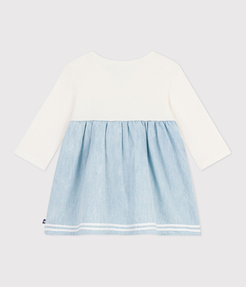 BABIES' LONG-SLEEVED DRESS IN TWO MATERIALS, COTTON AND CHAMBRAY