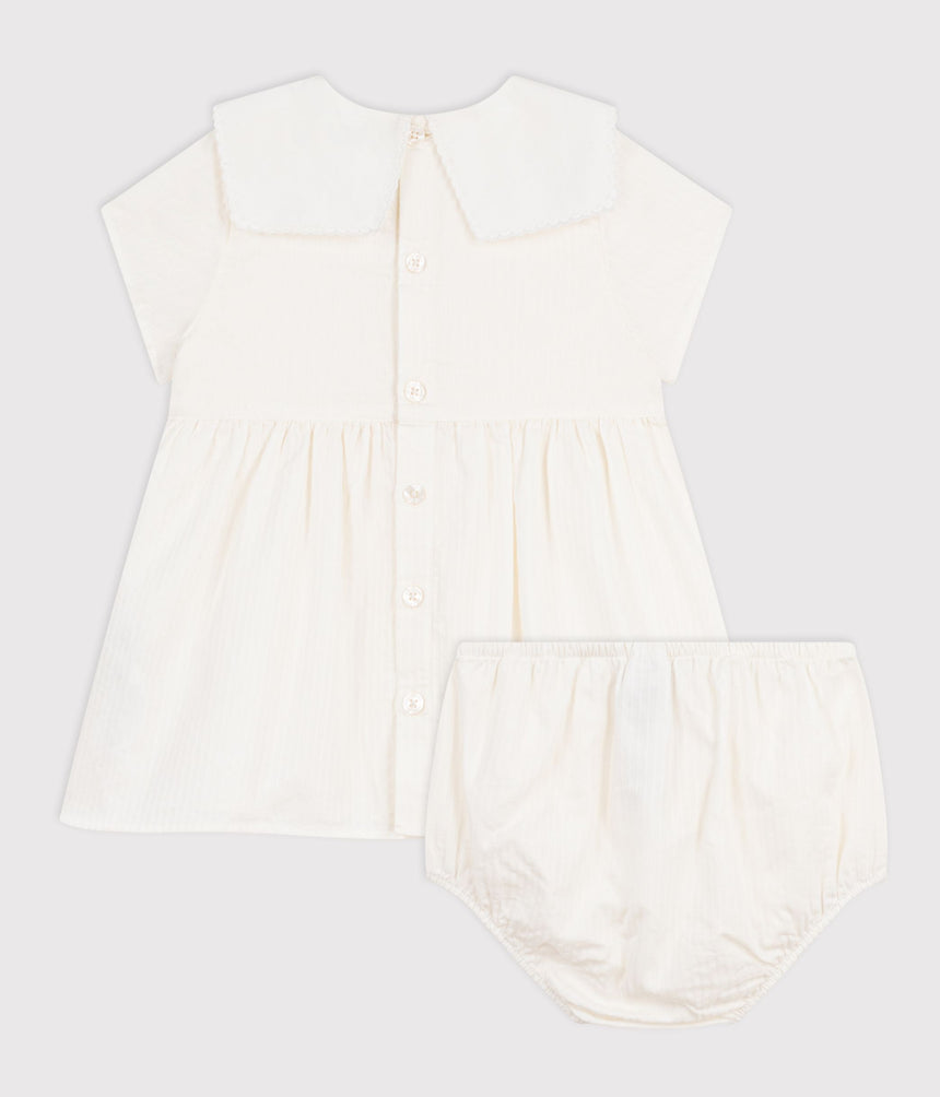 BABIES' DRESS IN COTTON/LINEN WITH SHORT SLEEVES AND BLOOMERS