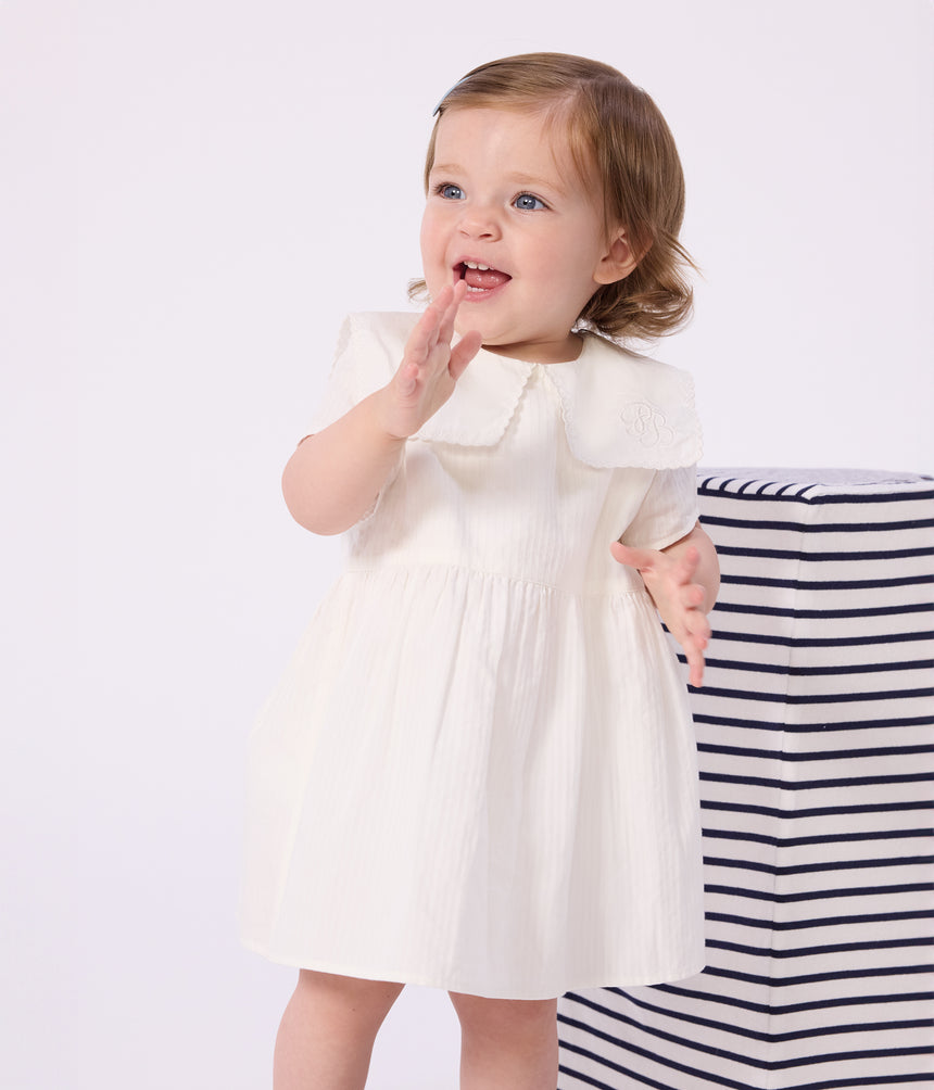 BABIES' DRESS IN COTTON/LINEN WITH SHORT SLEEVES AND BLOOMERS