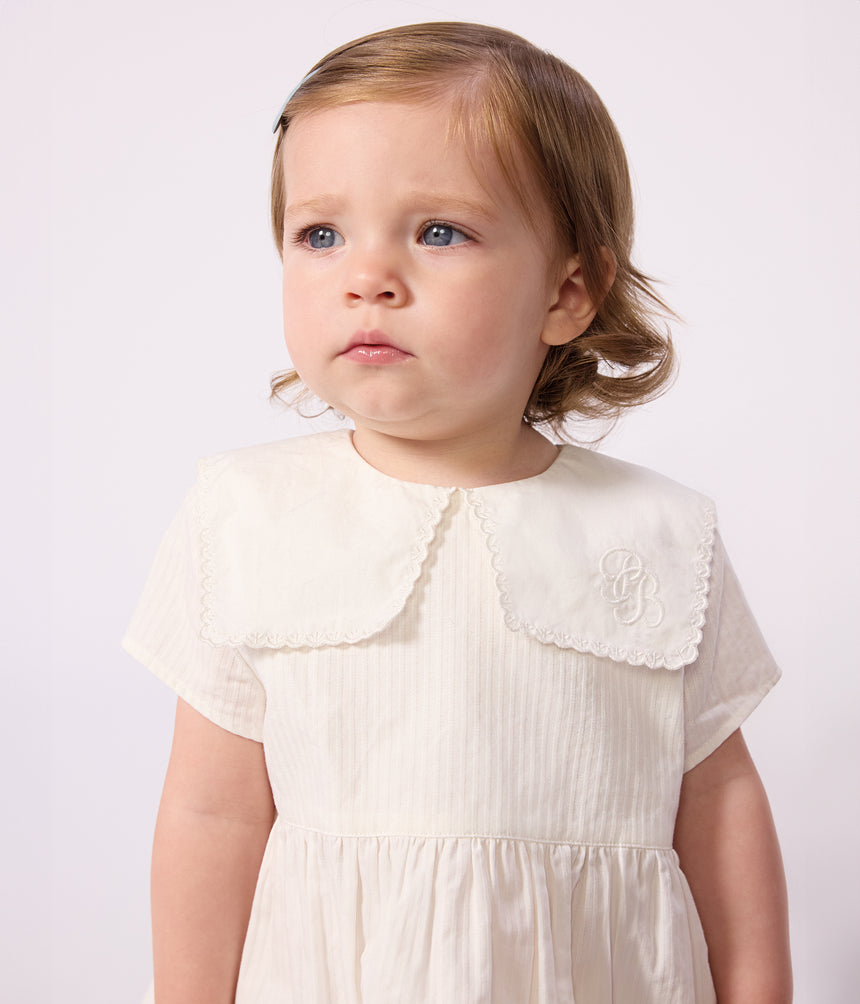 BABIES' DRESS IN COTTON/LINEN WITH SHORT SLEEVES AND BLOOMERS