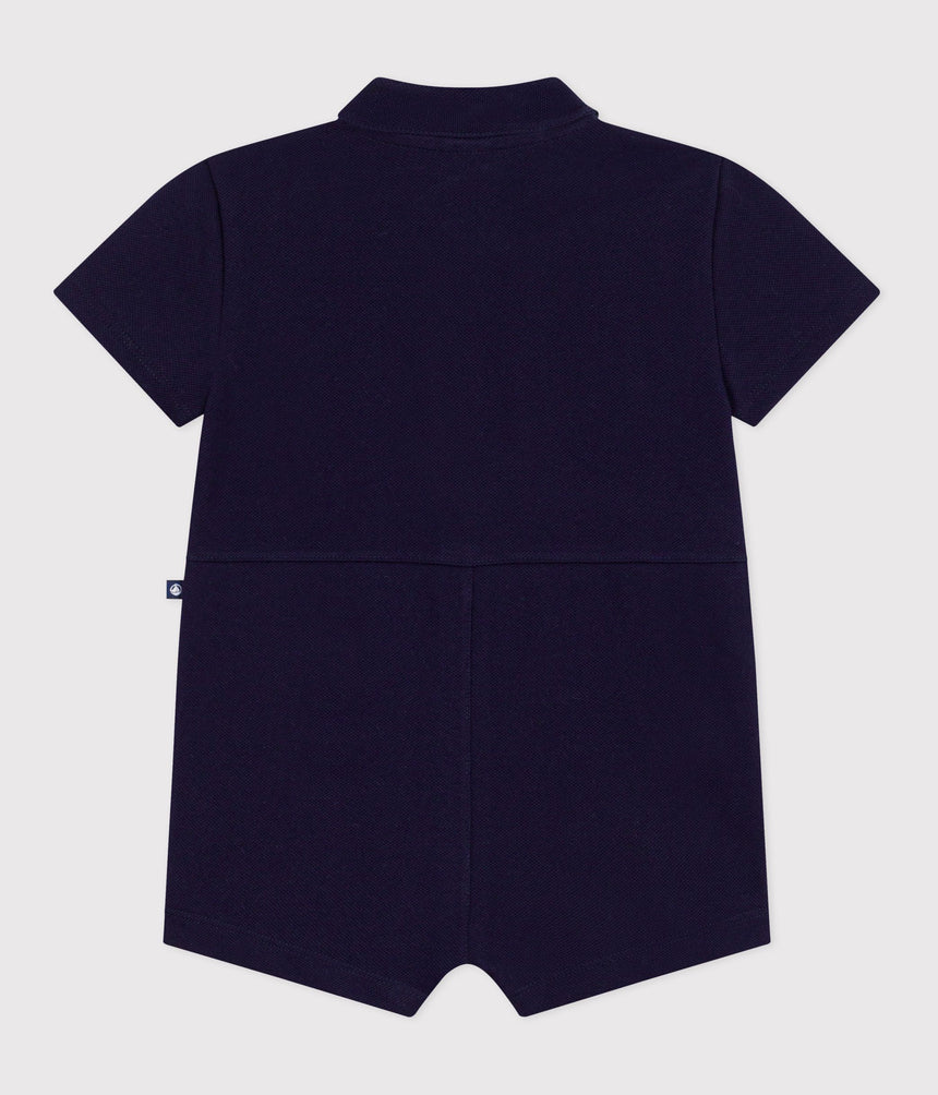 BABIES' SHORT PLAIN COTTON JUMPSUIT WITH A POLO COLLAR