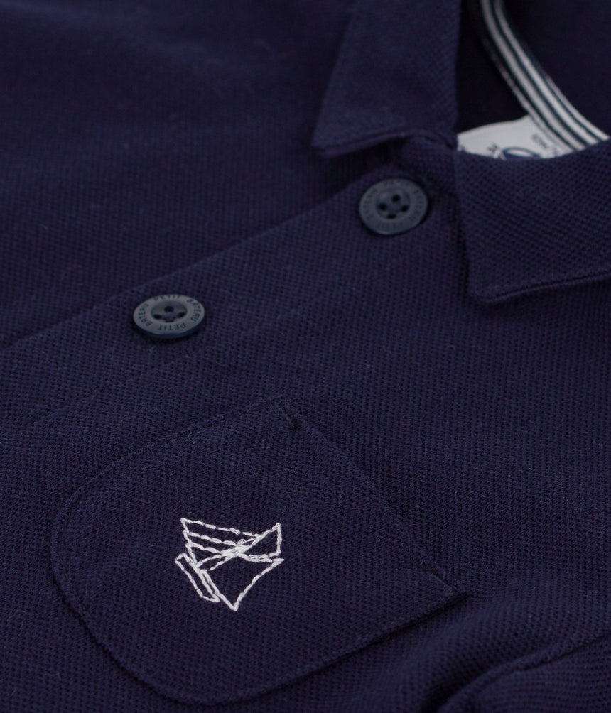 BABIES' SHORT PLAIN COTTON JUMPSUIT WITH A POLO COLLAR