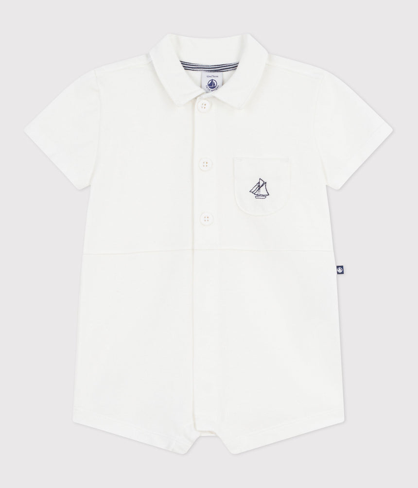 BABIES' SHORT PLAIN COTTON JUMPSUIT WITH A POLO COLLAR