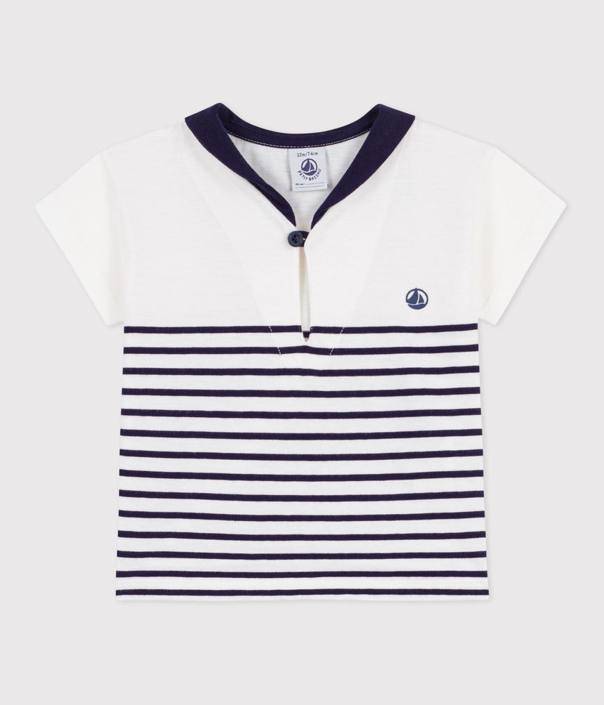 BABIES' SHORT-SLEEVED COTTON T-SHIRT WITH BRETON STRIPES