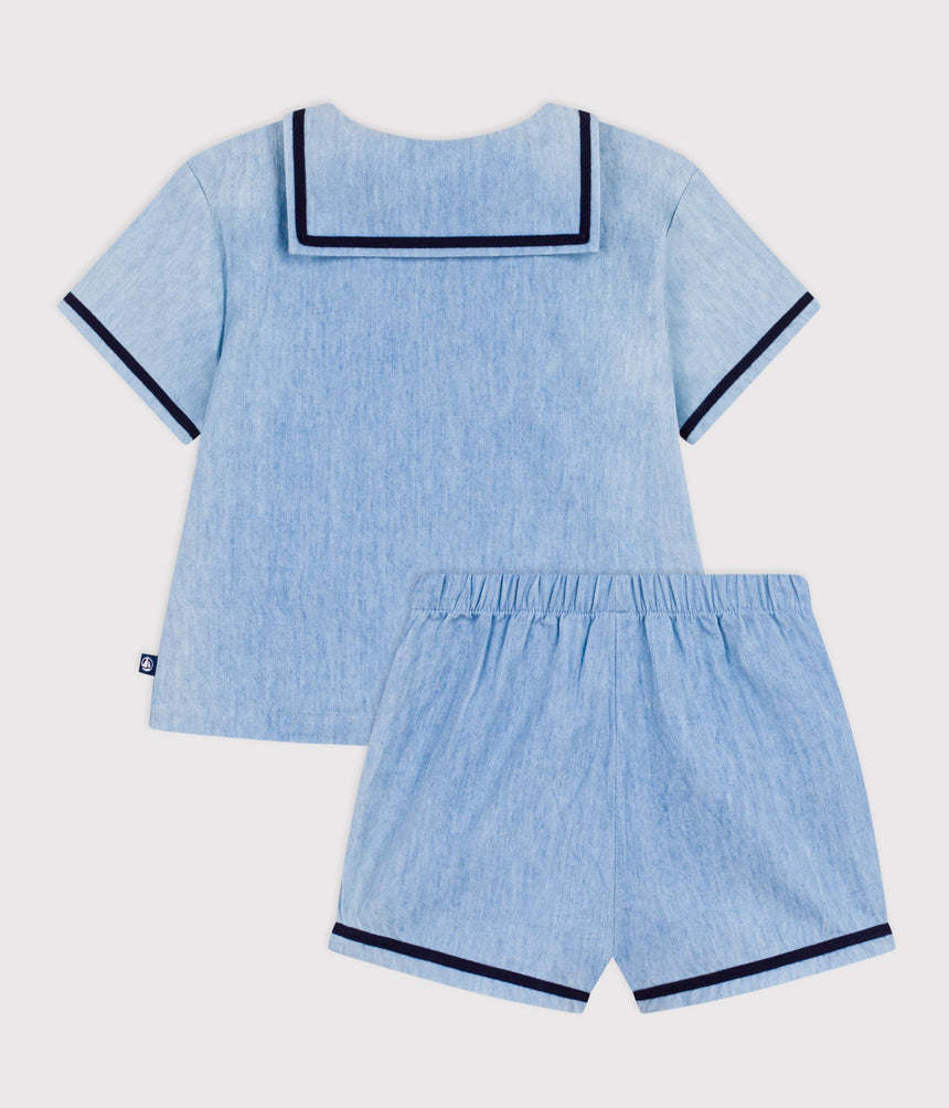 BABIES' 2-PIECE SET IN CHAMBRAY INCLUDING A T-SHIRT WITH A SAILOR COLLAR