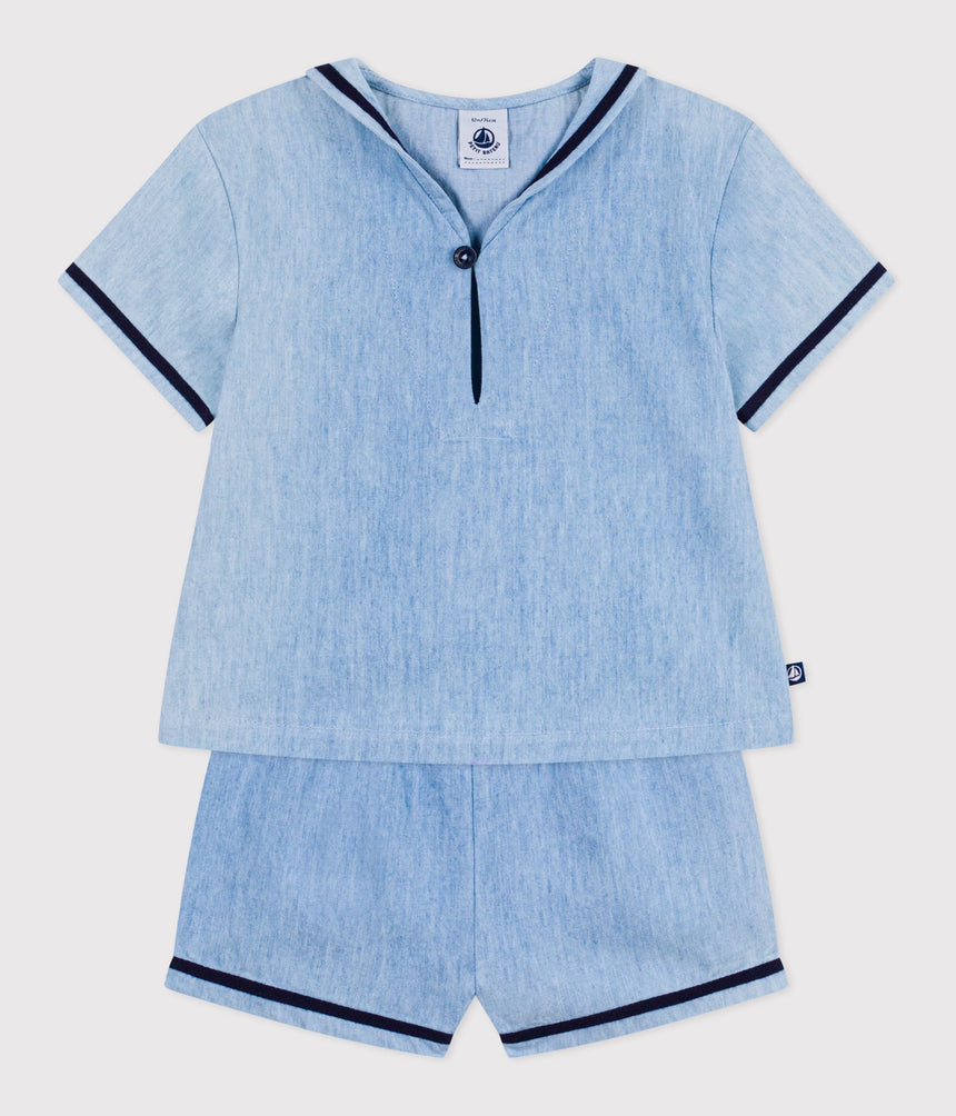 BABIES' 2-PIECE SET IN CHAMBRAY INCLUDING A T-SHIRT WITH A SAILOR COLLAR
