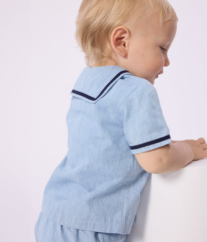 BABIES' 2-PIECE SET IN CHAMBRAY INCLUDING A T-SHIRT WITH A SAILOR COLLAR