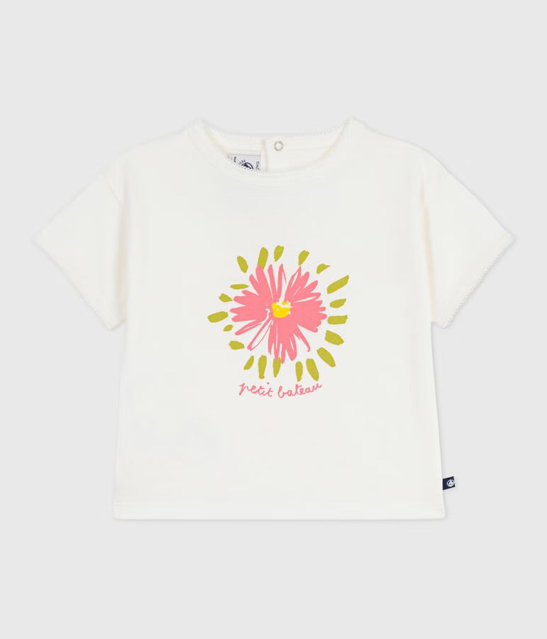 BABIES' SHORT-SLEEVED COTTON T-SHIRT WITH A FLOWER MOTIF