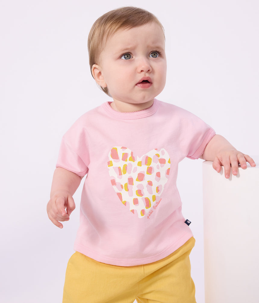 BABIES' SHORT-SLEEVED COTTON T-SHIRT WITH A FLOWER MOTIF