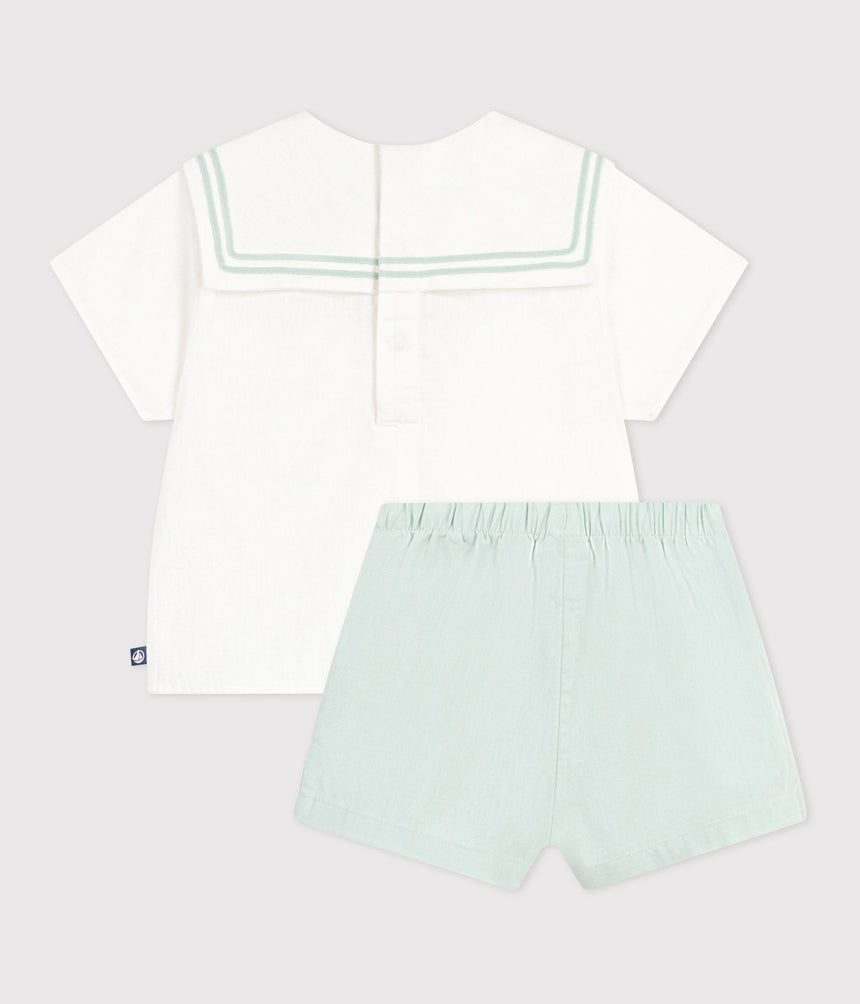 BABIES' 2-PIECE COTTON/LINEN OUTFIT, WITH A SAILOR COLLAR TOP