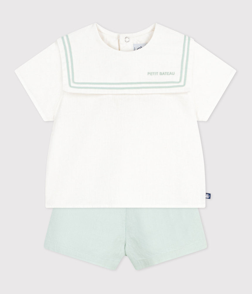BABIES' 2-PIECE COTTON/LINEN OUTFIT, WITH A SAILOR COLLAR TOP