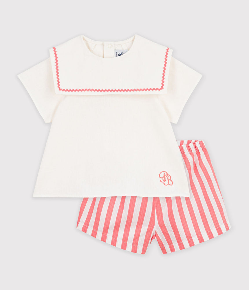 BABIES' 2-PIECE COTTON/LINEN OUTFIT, WITH A SAILOR COLLAR TOP