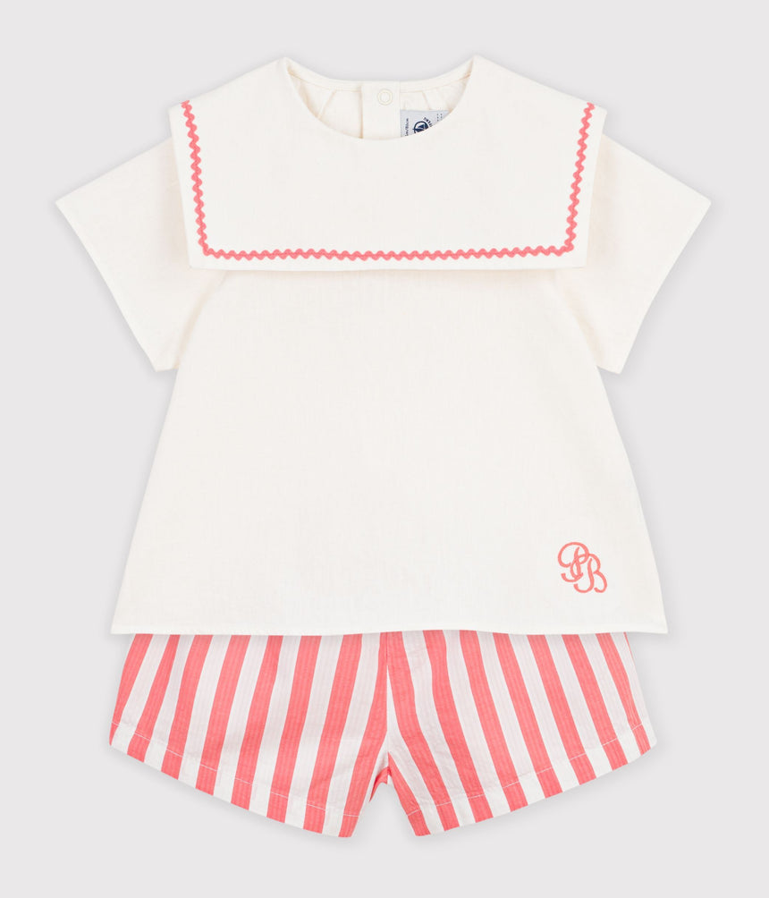 BABIES' 2-PIECE COTTON/LINEN OUTFIT, WITH A SAILOR COLLAR TOP