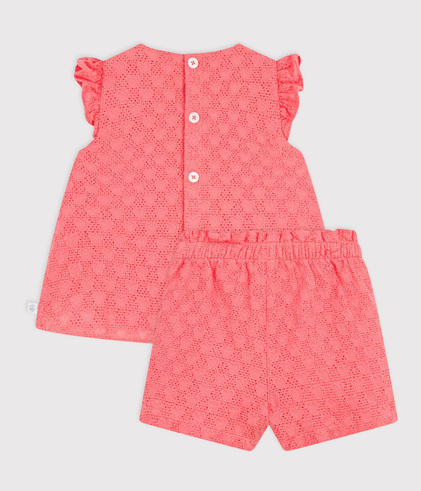 BABIES' 2-PIECE OUTFIT IN BRODERIE ANGLAISE, HEARTS DESIGN