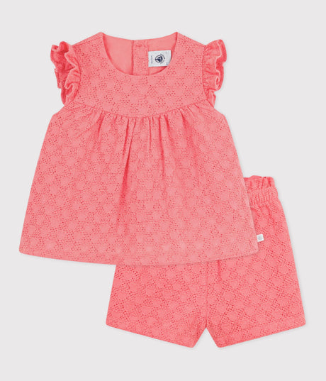 BABIES' 2-PIECE OUTFIT IN BRODERIE ANGLAISE, HEARTS DESIGN