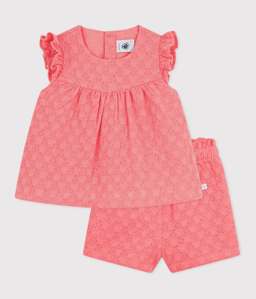 BABIES' 2-PIECE OUTFIT IN BRODERIE ANGLAISE, HEARTS DESIGN