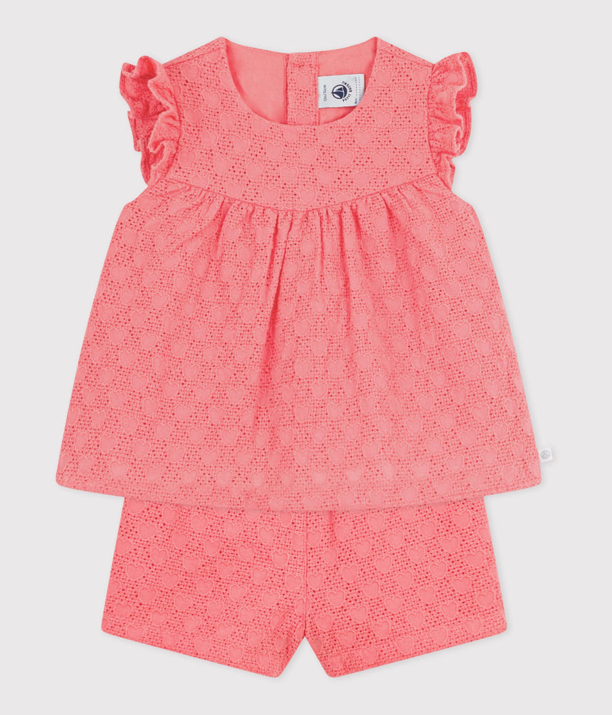 BABIES' 2-PIECE OUTFIT IN BRODERIE ANGLAISE, HEARTS DESIGN