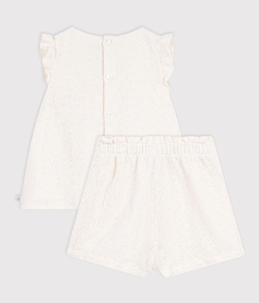 BABIES' 2-PIECE OUTFIT IN BRODERIE ANGLAISE, HEARTS DESIGN