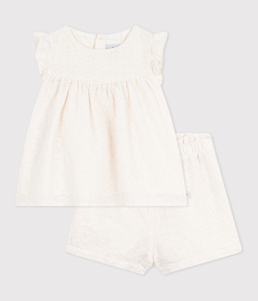 BABIES' 2-PIECE OUTFIT IN BRODERIE ANGLAISE, HEARTS DESIGN