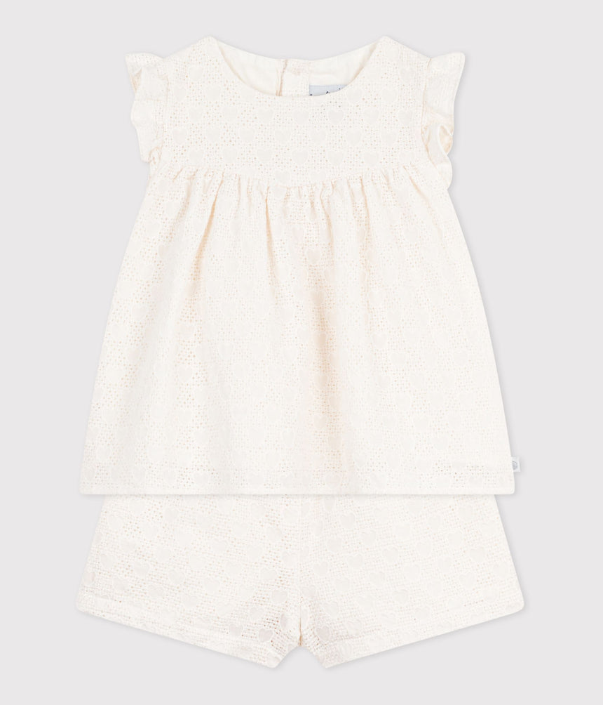 BABIES' 2-PIECE OUTFIT IN BRODERIE ANGLAISE, HEARTS DESIGN