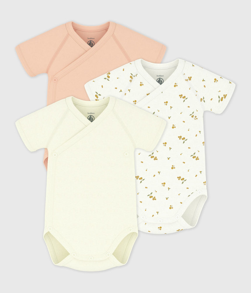 PACK OF BABIES' SHORT-SLEEVED PRINTED COTTON WRAPOVER BODIES