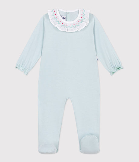 BABIES' BACK-OPENING PLAIN COTTON PYJAMA SUIT WITH A RUFF