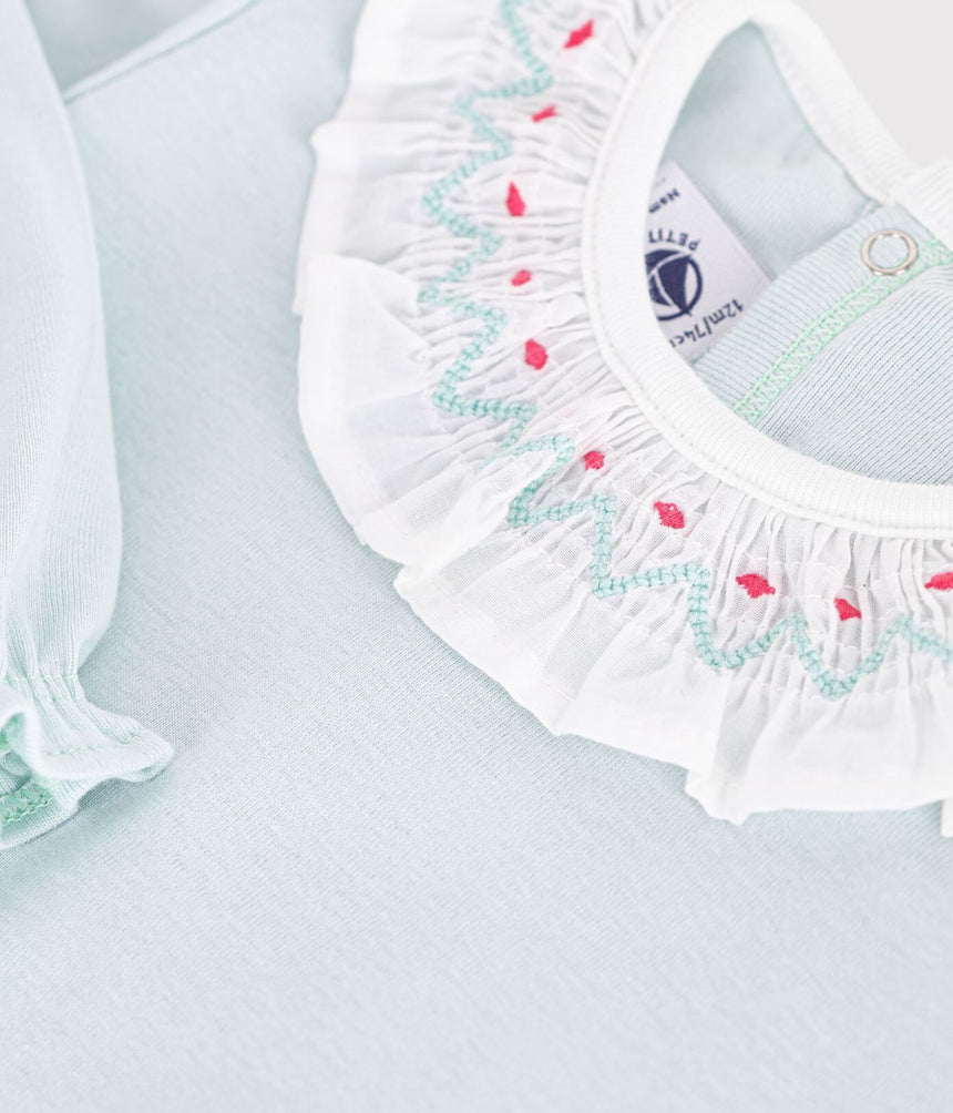 BABIES' BACK-OPENING PLAIN COTTON PYJAMA SUIT WITH A RUFF
