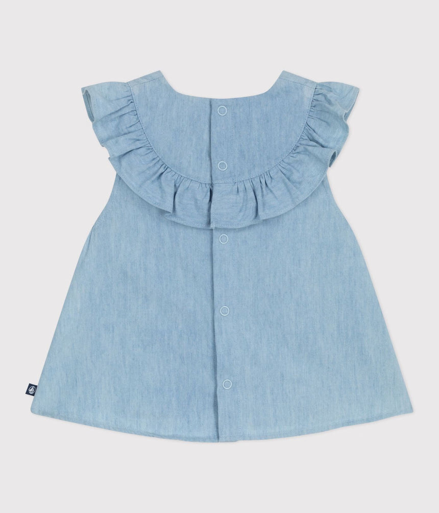 BABIES' SLEEVELESS BLOUSE IN EMBROIDERED COTTON CHAMBRAY