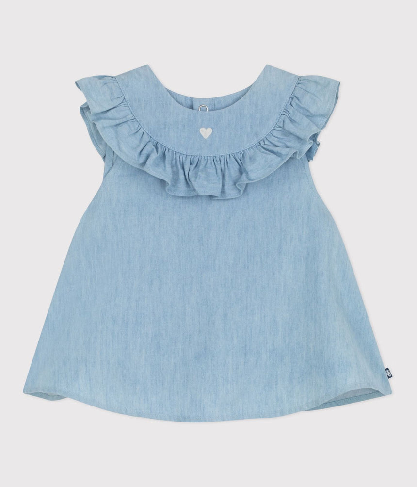 BABIES' SLEEVELESS BLOUSE IN EMBROIDERED COTTON CHAMBRAY
