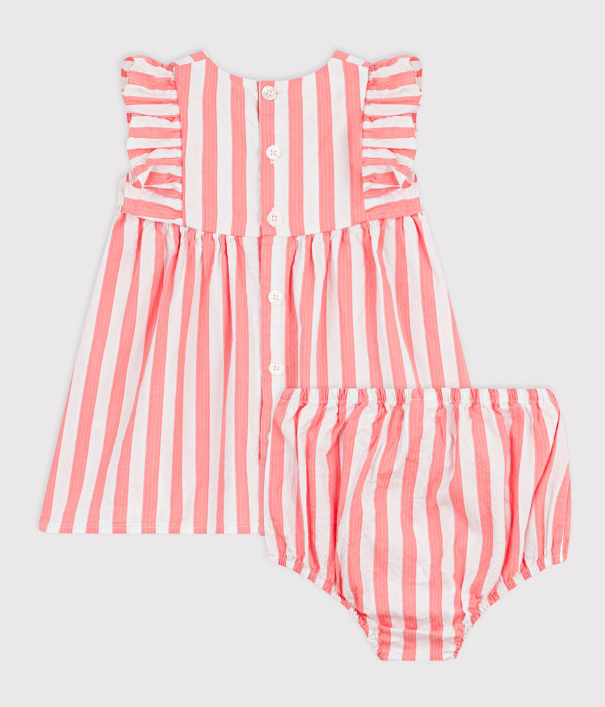 BABIES' SLEEVELESS COTTON DRESS WITH STRIPY BLOOMERS