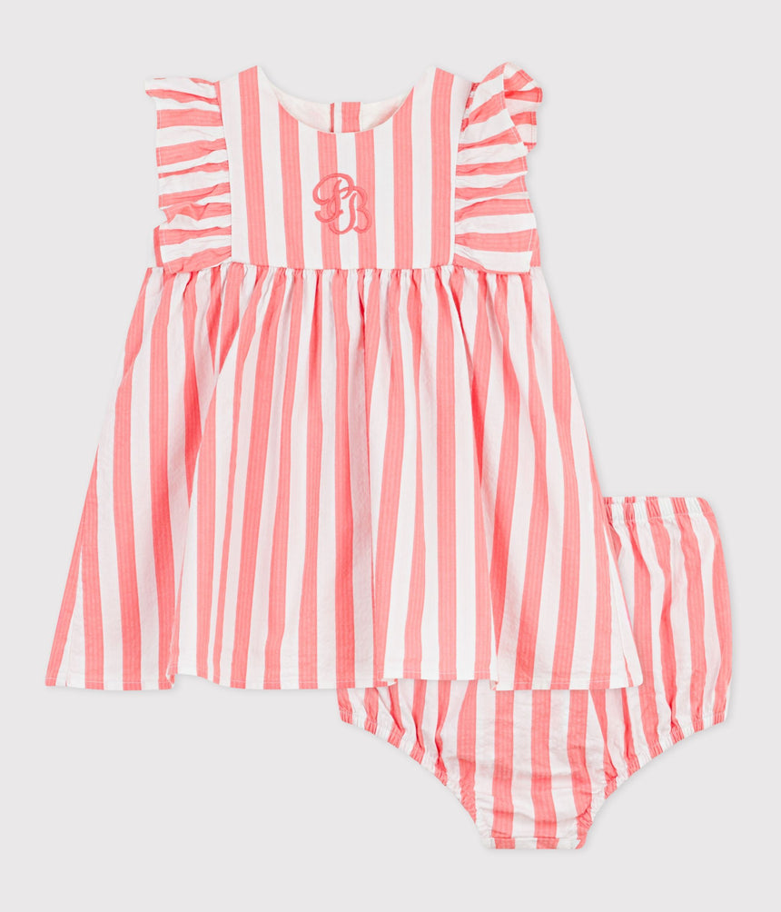 BABIES' SLEEVELESS COTTON DRESS WITH STRIPY BLOOMERS