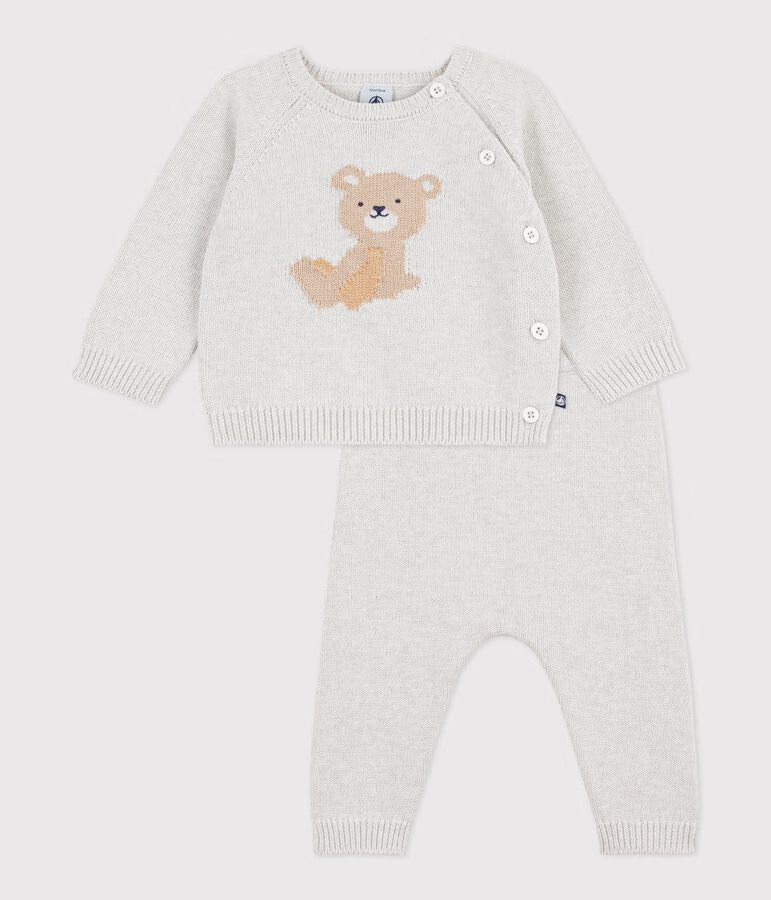 BABIES' KNITTED WOOL AND COTTON OUTFIT WITH A BEAR DESIGN