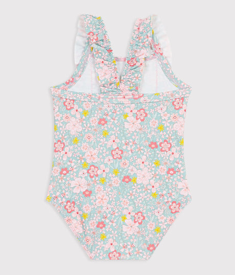 BABIES' ONE-PIECE SWIMSUIT WITH RUFFLES AND A FLOWER PRINT.