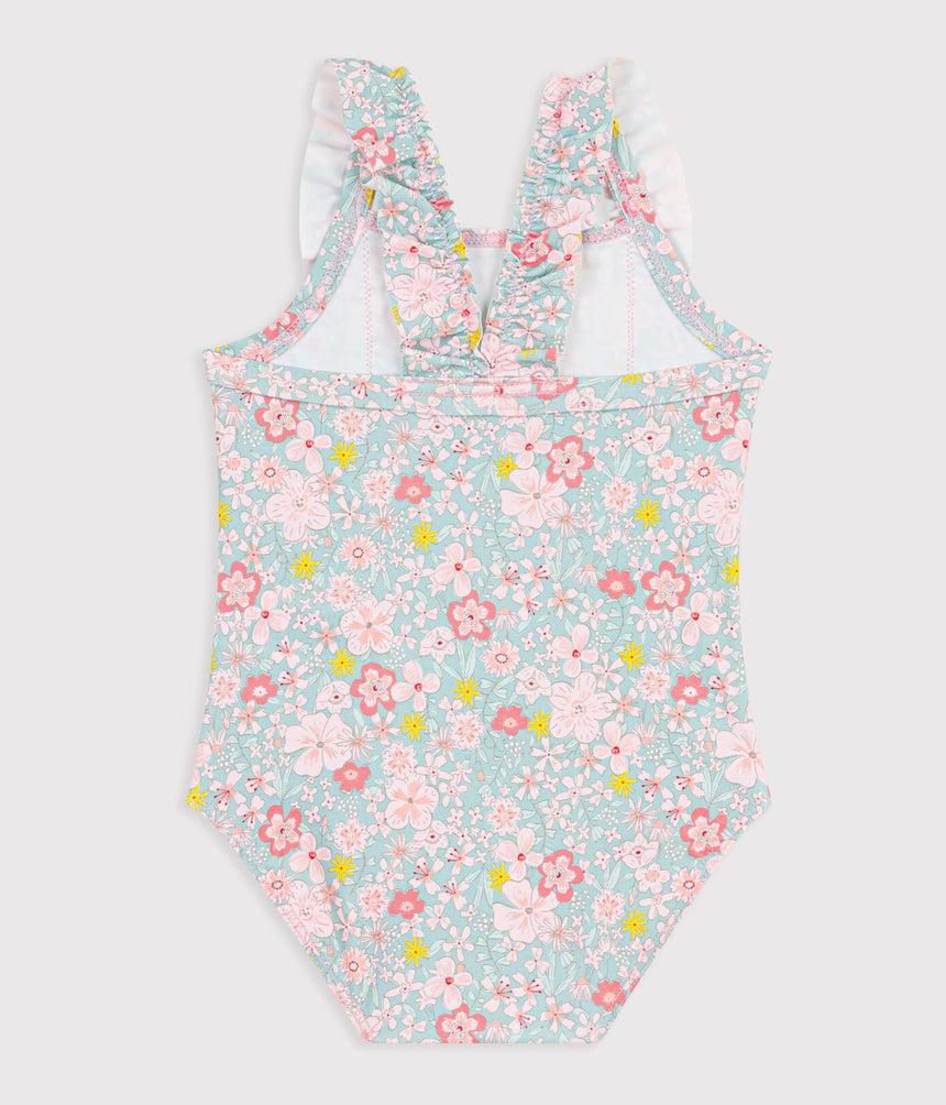 BABIES' ONE-PIECE SWIMSUIT WITH RUFFLES AND A FLOWER PRINT.