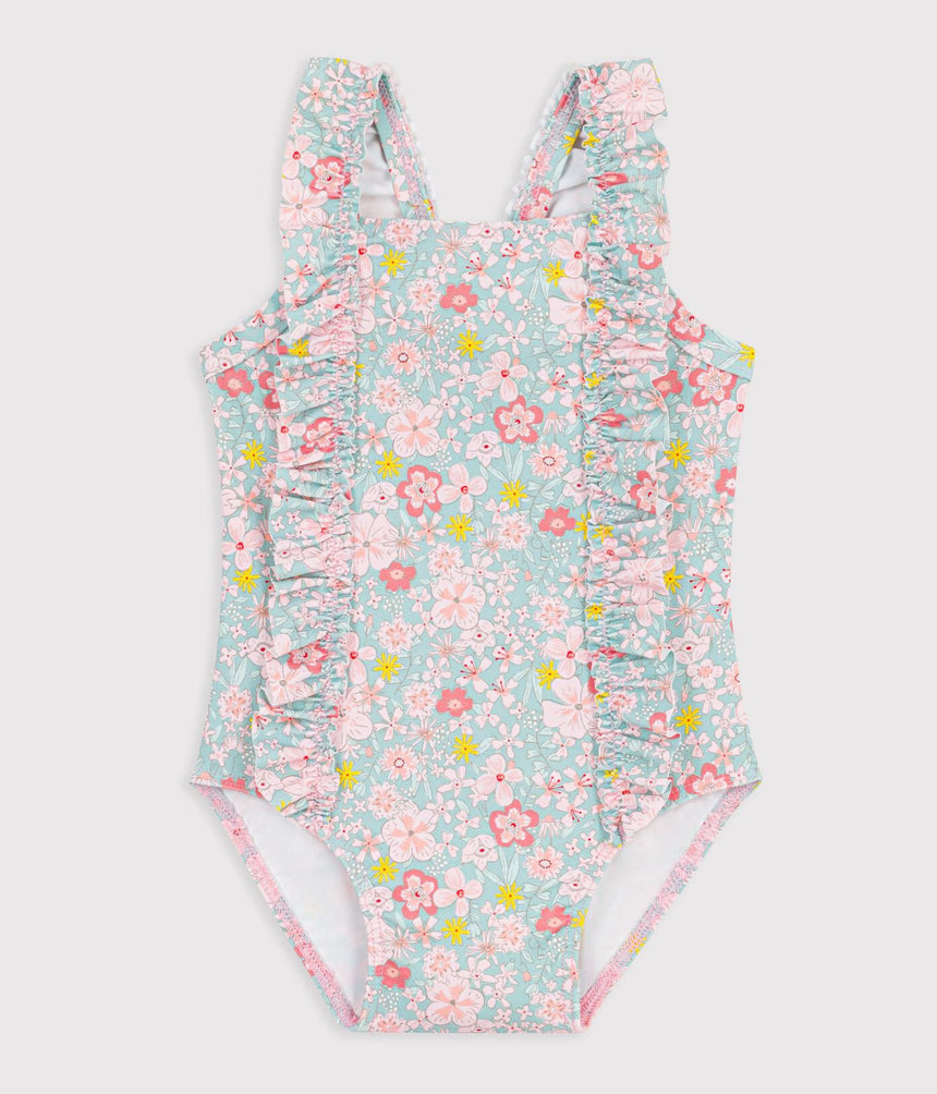 BABIES' ONE-PIECE SWIMSUIT WITH RUFFLES AND A FLOWER PRINT.