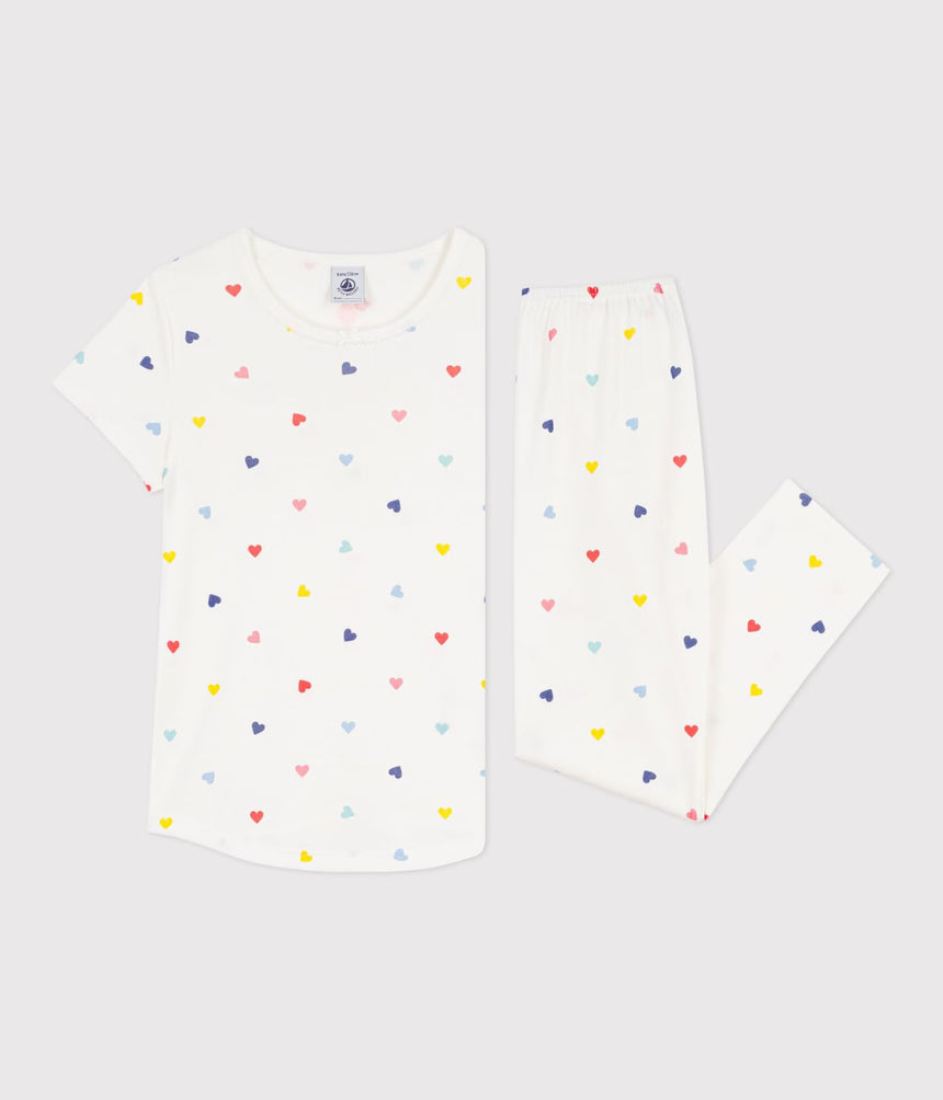 CHILDREN'S SHORT-SLEEVED LONG-LEG HEART PATTERNED COTTON PYJAMAS